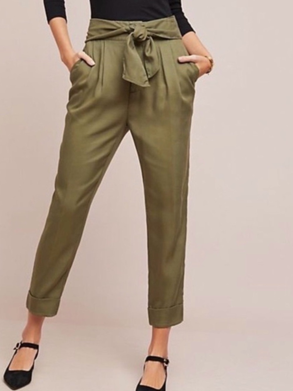 Anthropologie Olive Tie-Waist Ankle Pants